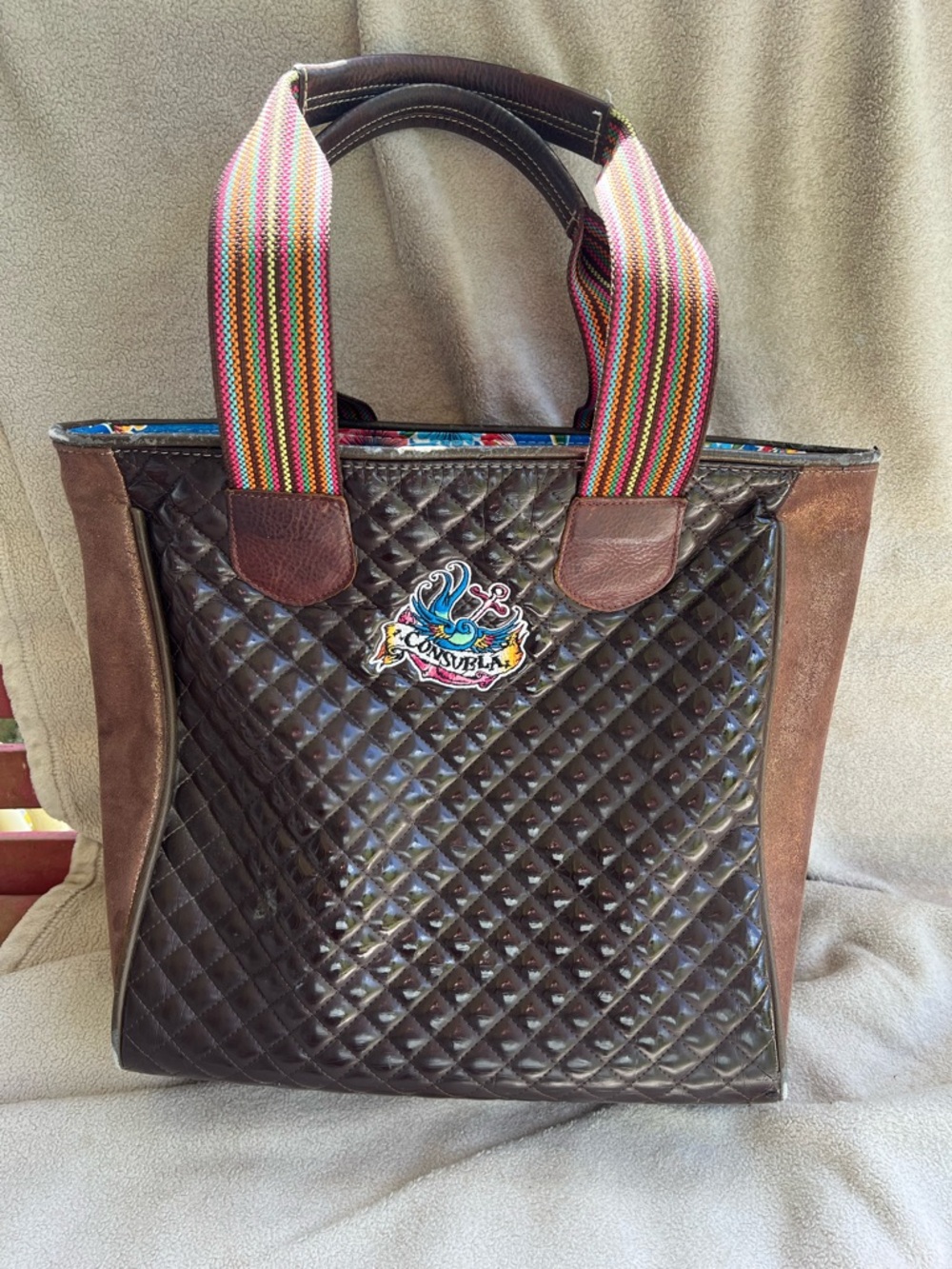 Consuela Floral-Lined Brown Tote with Multicolor Striped Handles